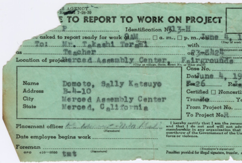Notice to report to work for Sally Domoto (ddr-densho-329-978)