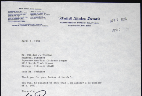 Letter to William Yoshino from Charles Percy (ddr-chijacl-1-377)