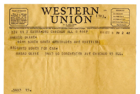 Western Union telegraph from Masao Okine to Makoto Okine, October 8, 1946 (ddr-csujad-5-171)