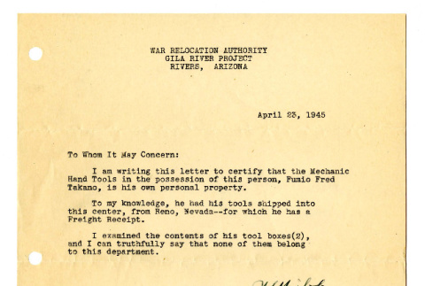 Letter from W. S. Hislop, Associate Construction Superintendent, Gila River Project, War Relocation Authority, April 23, 1945 (ddr-csujad-42-110)