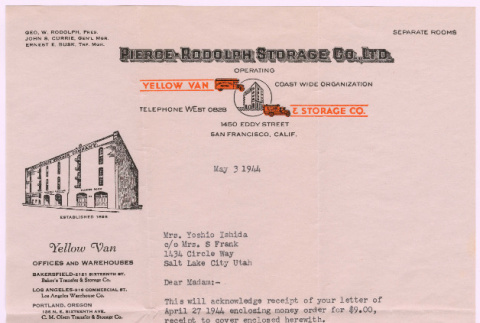 Letter from Pierce-Rodolph Storage Co to Mrs. Ishida (ddr-densho-535-407)