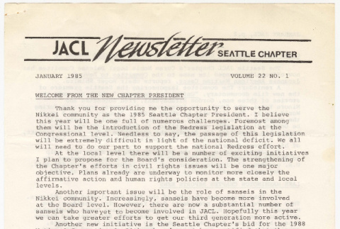 Seattle Chapter, JACL Reporter, Vol. XXII, No. 1, January 1985 (ddr-sjacl-1-343)