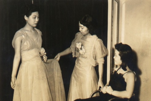 Fumiko Kawabata and two young women in formal dresses (ddr-njpa-4-590)