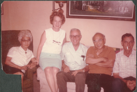 Three men and two women sitting on sofa (ddr-densho-523-628)