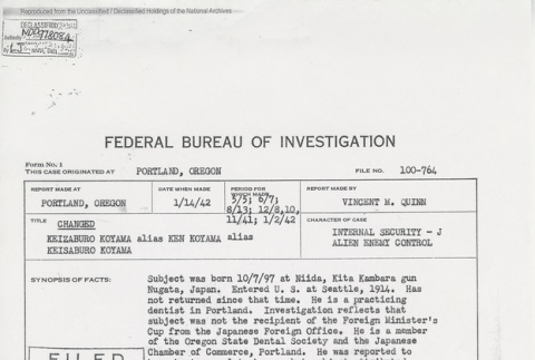 Case file for Keizaburo Koyama from the Federal Bureau of Investigation. Page 1 of 6. (ddr-one-5-98)