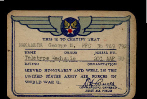 Certification card for George H. Nakamura (ddr-csujad-55-2369)
