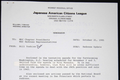 Memo to MDC Chapter Presidents, MDC Redress Representatives from Bill Yoshino (ddr-chijacl-1-278)