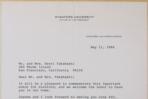 Letter from Donald Kennedy, President, Stanford University, to Mr. and Mrs. Henri Takahashi (ddr-densho-422-614)