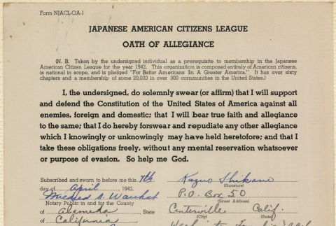 JACL Oath of Allegiance for Kazuo Shikano (ddr-ajah-7-125)