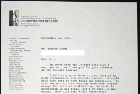 Letter to Minoru Yasui from Bill Yoshino (ddr-chijacl-1-545)