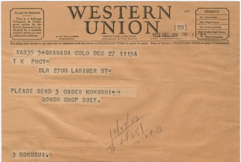 Telegram sent to T.K. Pharmacy from Granada (Amache) concentration camp (ddr-densho-319-260)