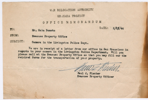 Memorandum to Kaneji Domoto from Evacuee Property Office (ddr-densho-329-1001)