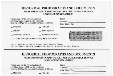Historical photographs and documents, from internment camps to Military Intelligence Service Language School [order form] (ddr-csujad-1-190)