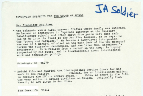 Interview subjects for The Color of Honor (ddr-densho-1007-1470)