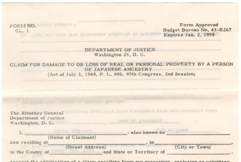 Claim form for Damage to or loss of real or personal property by a person of Japanese Ancestry (ddr-densho-430-90)