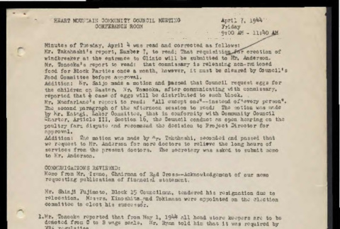 Minutes from the Heart Mountain Community Council meeting, April 7, 1944 (ddr-csujad-55-547)