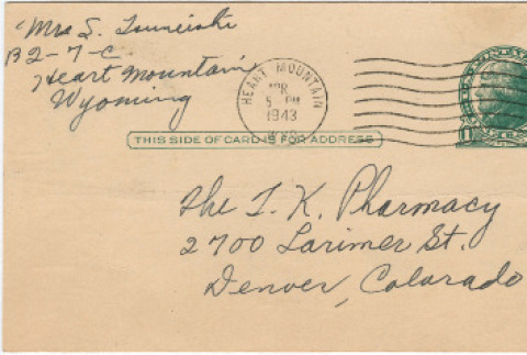 Letter sent to T.K. Pharmacy from Heart Mountain concentration camp (ddr-densho-319-316)