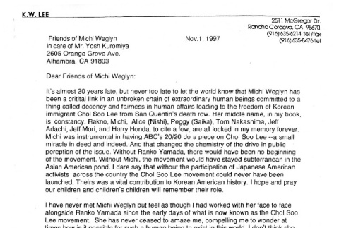 Letter from K.W. Lee to Friends of Michi Weglyn, November 1, 1997 (ddr-csujad-24-203)