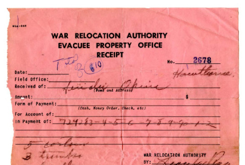 War Relocation Authority Evacuation Property Office receipt (ddr-csujad-5-193)
