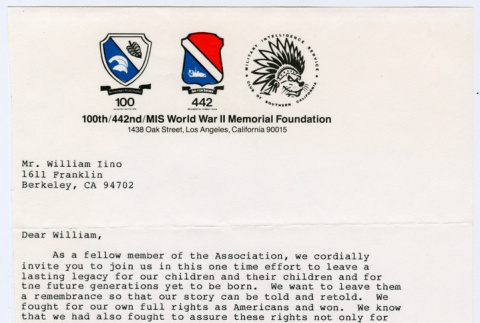 100th/442nd/MIS World War II Memorial Foundation letter (ddr-densho-368-257)