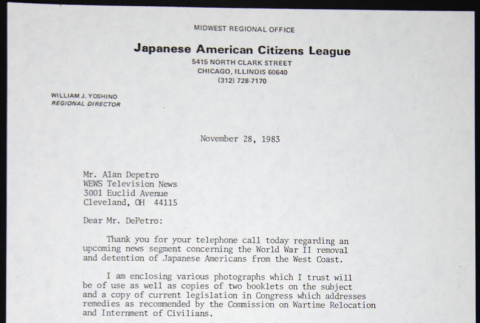 Letter to Alan Depetro from William Yoshino (ddr-chijacl-1-737)