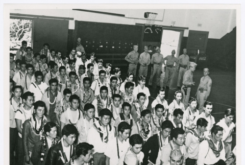 Men with leis swearing in at Hilo Armory (ddr-densho-1007-396)