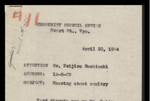 Memo from the Hearing Committee, Community Council Office, Heart Mountain, to Mr. Keijiro Hoshizaki, April 20, 1944 (ddr-csujad-55-926)