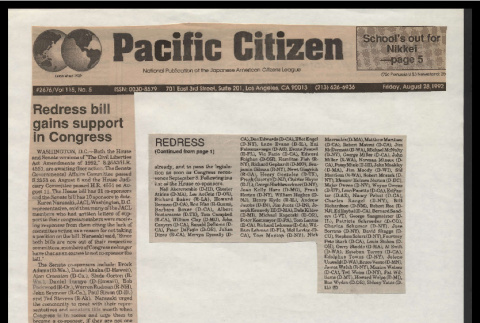 [Newspaper clipping titled:] Redress bill gains support in Congress (ddr-csujad-55-2071)