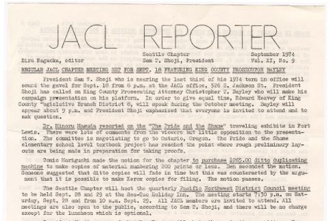Seattle Chapter, JACL Reporter, Vol. XI, No. 9, September 1974 (ddr-sjacl-1-170)