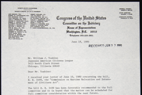 Letter to William Yoshino from Peter Rodino Jr. (ddr-chijacl-1-341)
