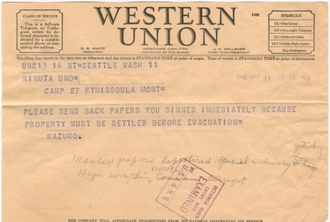Telegram sent to Kinuta Uno at Fort Missoula (ddr-densho-324-100)