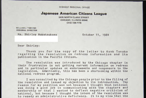 Letter to Shirley Nakatsukasa from Bill Yoshino (ddr-chijacl-1-705)
