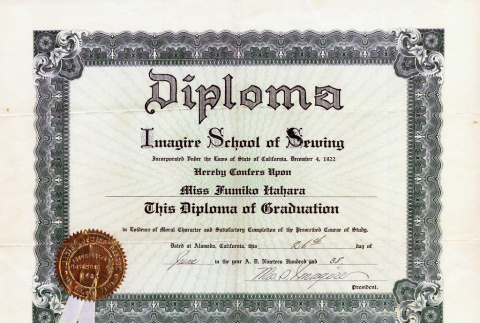 Diploma from Imagire School of Sewing for Fumiko Itahara (ddr-ajah-6-533)