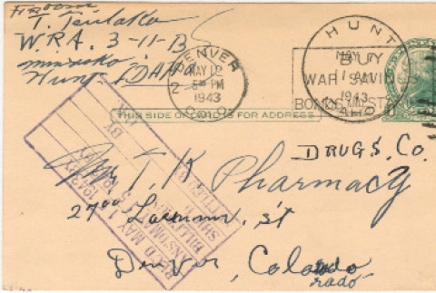 Letter sent to T.K. Pharmacy from  Minidoka concentration camp (ddr-densho-319-424)
