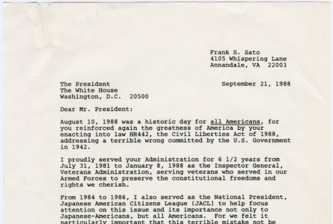 Letter from Frank Sato to former President Ronald Reagan (ddr-densho-345-68)