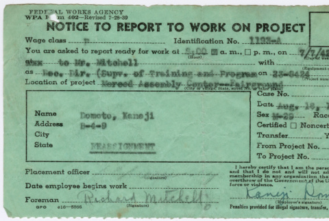 Notice to report to work for Kaneji Domoto (Reassignment) (ddr-densho-329-980)