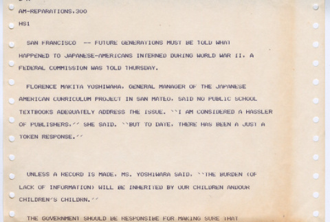 Wire Copy report from San Francisco hearings of Commission of Wartime Relocation and Internment of Civilians (CWRIC) (ddr-densho-122-284)