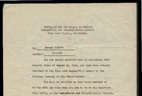 Letter from Ivan Williams, Officer in Charge, United States Department of Justice to Sadae Hirota, October 6, 1945 (ddr-csujad-55-1902)