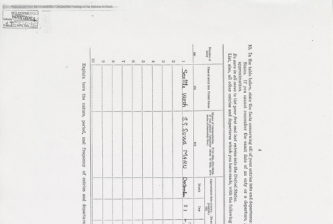 U.S. Department of Justice Alien Enemy Questionnaire page 4 of 26, left side of form only. (ddr-one-5-123)