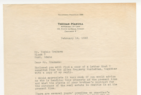 Letter from Thomas Masuda to Yoshio Urakawa (ddr-densho-474-93)