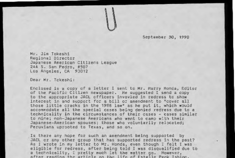 Letter from Sharon M. Tanihara to Jim Tokeshi, September 30, 1990 (ddr-csujad-55-2056)