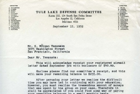 Tule Lake Defense Committee letter requesting pledge payment (ddr-densho-188-67)