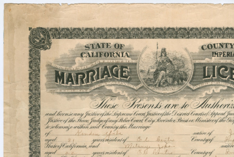 Marriage License for Kenden Yabe and Mitsuye Jyoko (ddr-ohs-1-274)