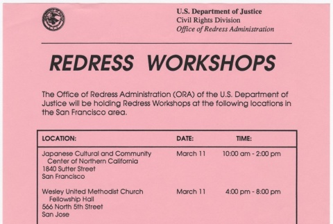 Poster informing the public about Redress workshops in the San Francisco area (ddr-janm-4-11)