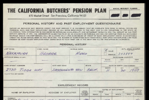 California Butchers' pension plan: personal history and past employment questionnaire (ddr-csujad-55-2184)