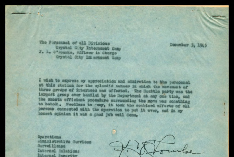 Memo from J.L. O'Rourke, Officer in Charge, Crystal City Internment Camp, to the Personnel of all Divisions, Crystal City Internment Camp, December 3, 1945 (ddr-csujad-55-1498)