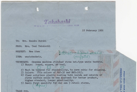 Letter from Tami (Tomoye) Takahashi to Masako (Martha) Suzuki (ddr-densho-422-100)