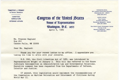 Letter to Frances Haglund from U.S. Representative Timothy Penny (ddr-densho-275-34)