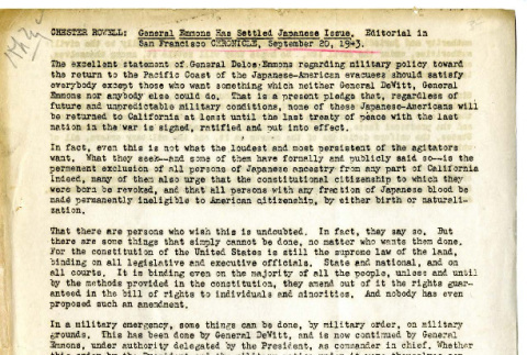 General Emmons has settled Japanese Issue, Editorial in San Francisco Chronicle, September 20, 1943 (ddr-csujad-19-9)