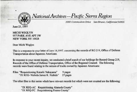 Letter from Kathleen M. O'Connor, archivist, National Archives-Pacific Sierra Region to Michi Weglyn, June 23, 1997 (ddr-csujad-24-77)